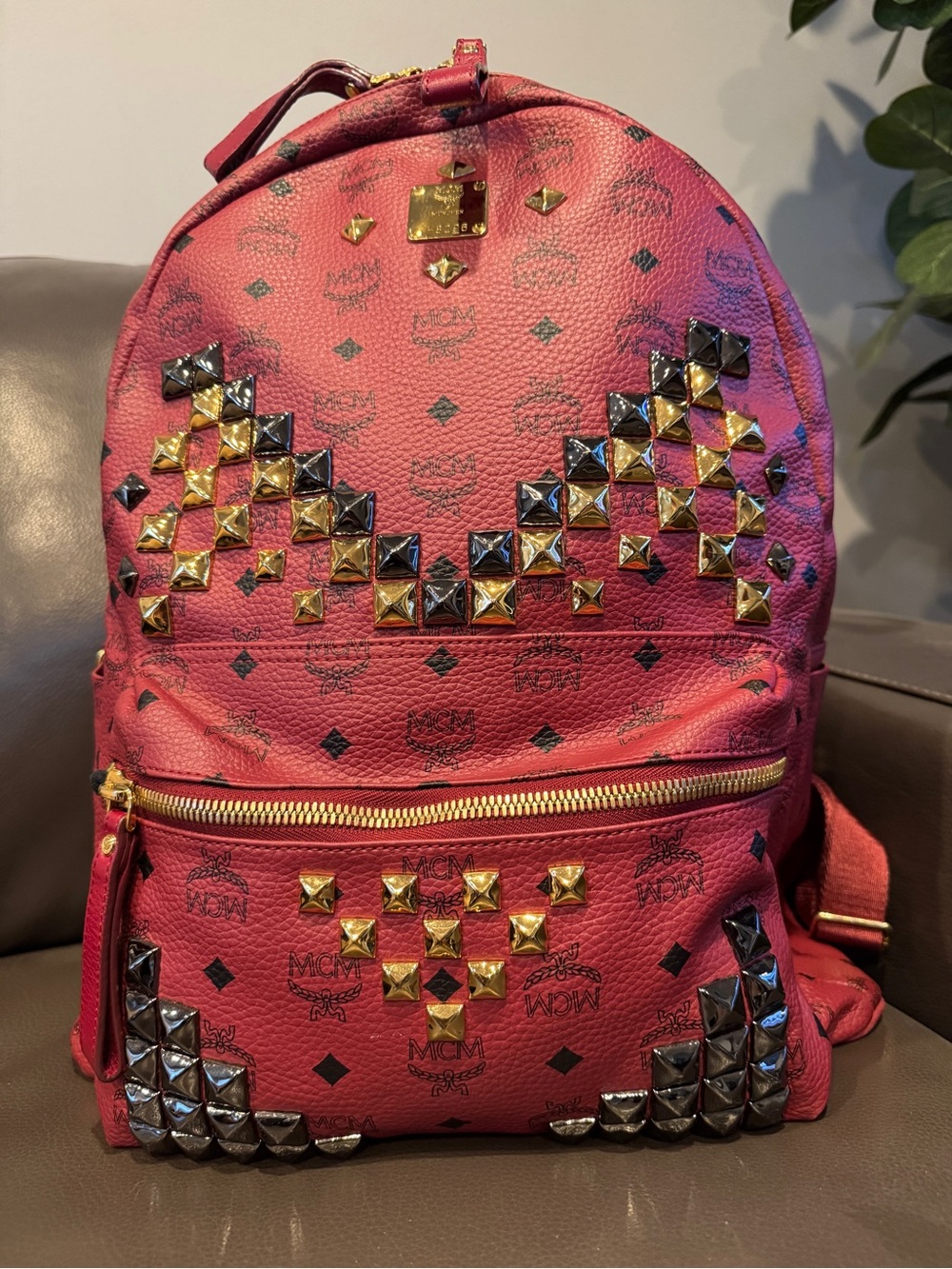 MCM Pink Leather Studded Backpack with Gold & Gunmetal Accents